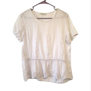 Terzo Millennio White Lace Eyelet 100% Linen Blouse Size Medium Lagenlook